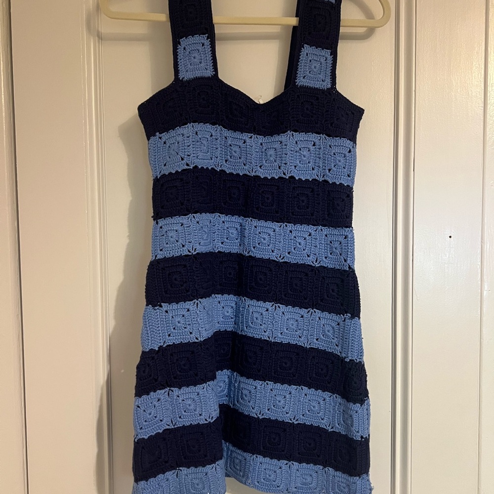 NWOT Hyacinth House Blue and Navy Crochet Stripe Dress, size XS